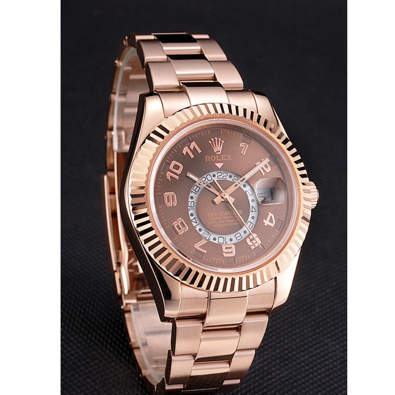 Rolex copies cheap Ad Rolex Case Gold Sky Rose Dial Bracelet Dweller Brown 0618